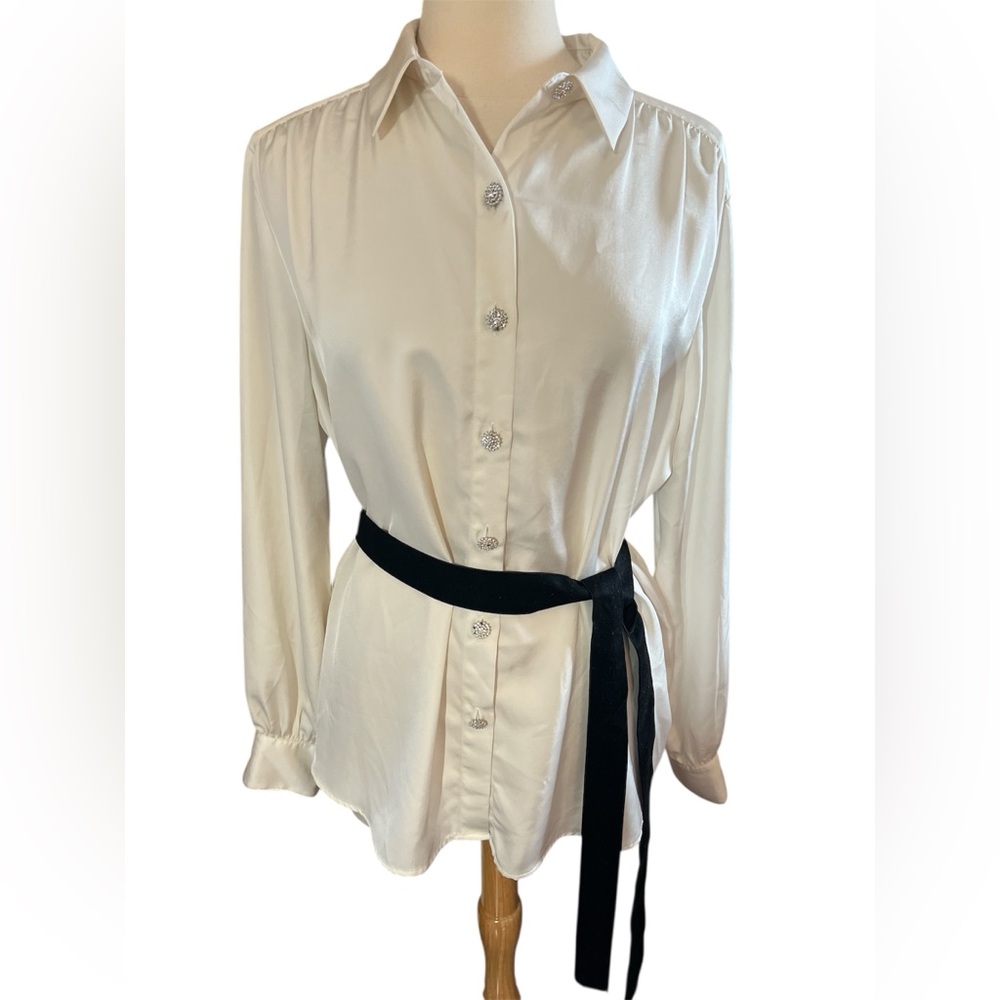Express Cream Satin Look & Feel Button-Down Shirt w/Rhinestone buttons XL TL - Picture 6 of 13